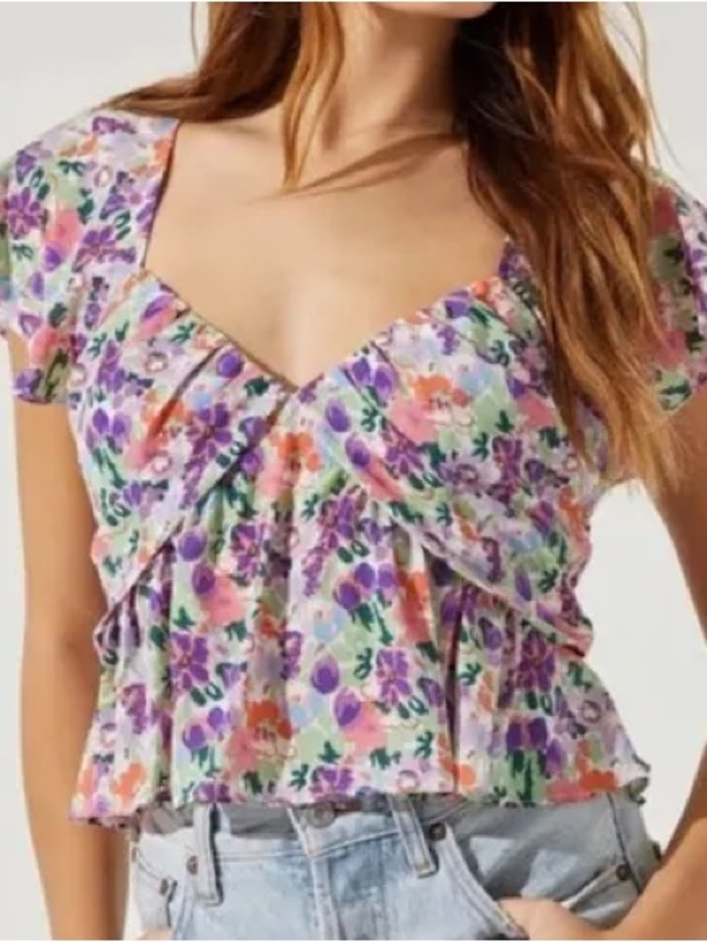 Astr Floral Flutter-Sleeve Peplum Top - Purple, Green, Peach